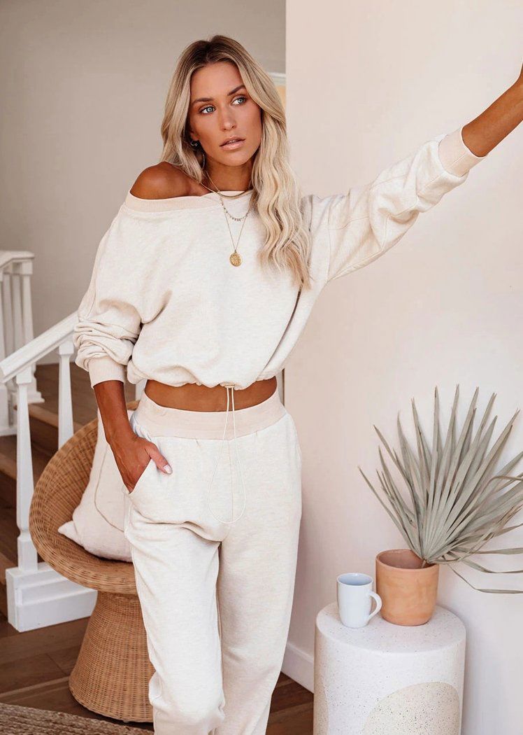 Chicvane Fashion Women's Elastic Waist Long Pants & Long Sleeve Drawstring Crop Top Suit Set