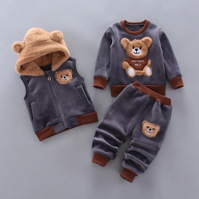 Baby Fleece Cartoon Bear Design, 3 Pieces Warm Clothing Set