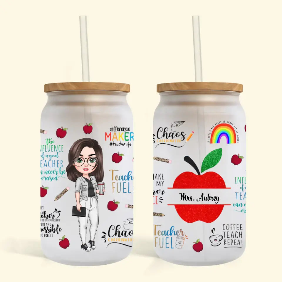 Personalized Custom Glass Can - Teachers Day, Birthday Gift For Teacher - Teach Love Inspire Red Apple Teacher