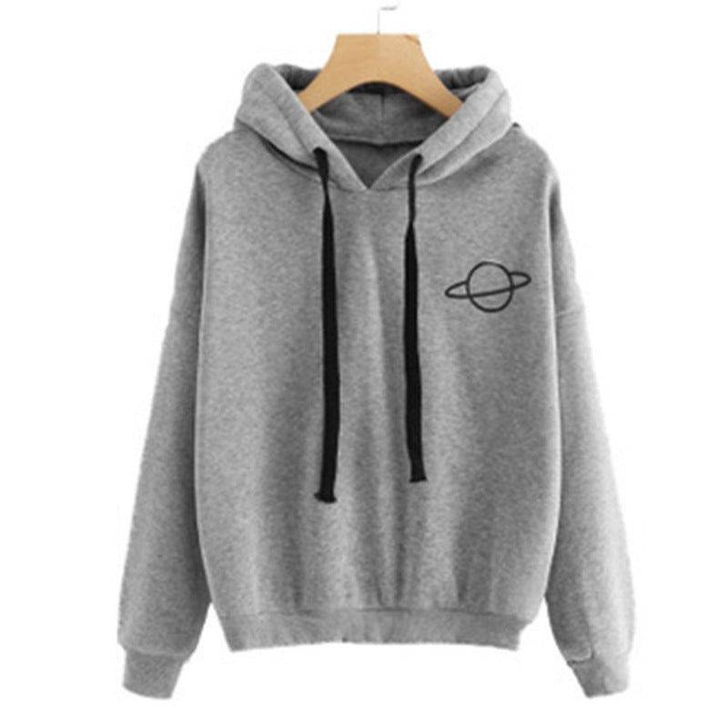 Multicolor Printed Planet Hoodie For Ladies - Loose Fit Fleece Sweater