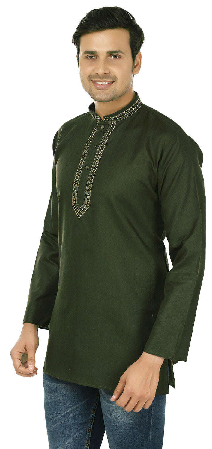 Men's Short Kurta Cotton Dress Shirt - Green (India Clothing)