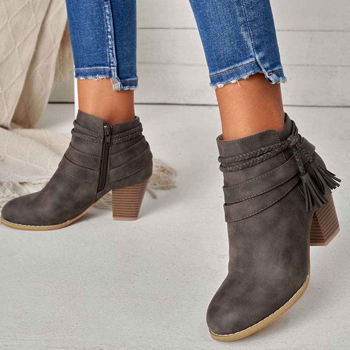 Western Tassel Chunky Block Heel Ankle Boots with Side Zipper