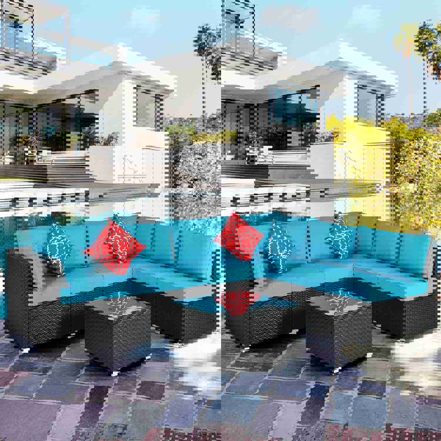 Outdoor Garden Patio Furniture 7-Piece PE Rattan Wicker Cushioned Sofa Sets with 2 Pillows and Coffee Table