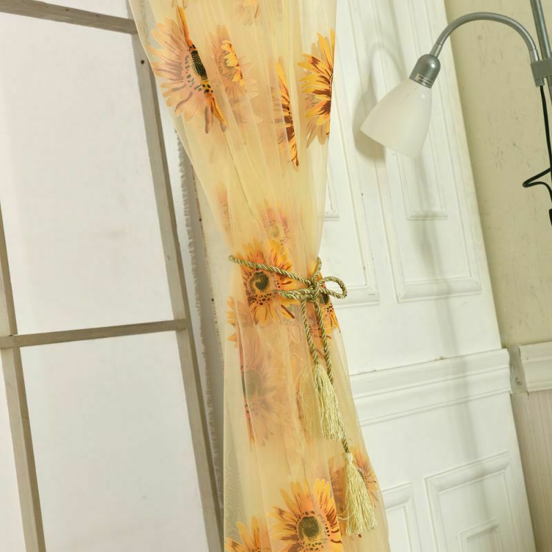 2 Panels Sheer-Voile Shade Curtain with Sunflower Pattern for Window and Door