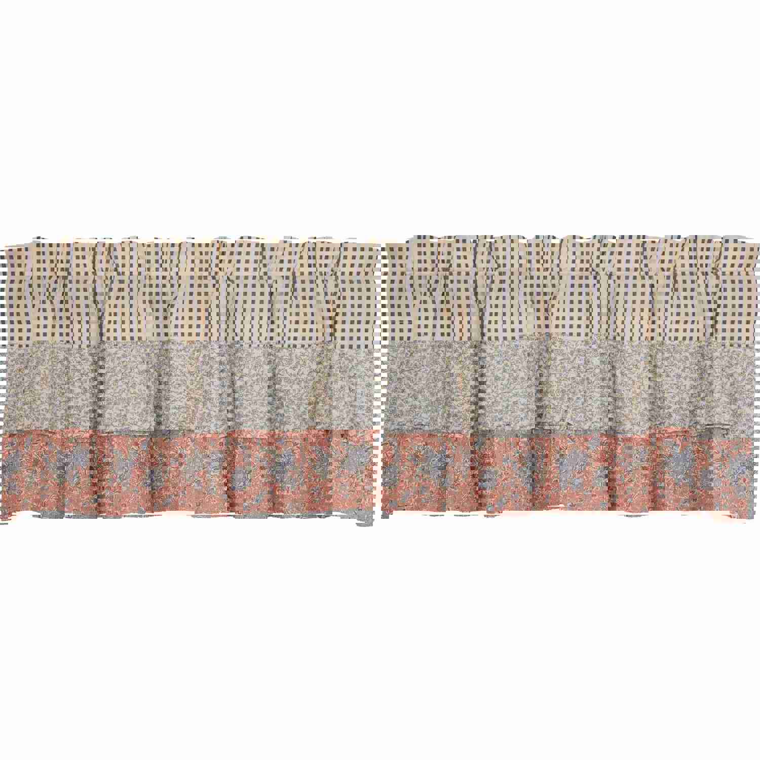 Kaila Ticking Blue Ruffled Valance 16x60 - Vintage Farmhouse Window Decor