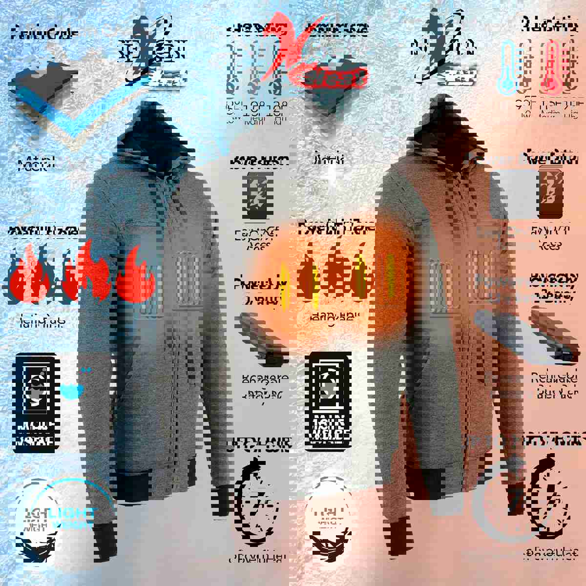 Nexgen Heat MPM1713SET12v Mens Grey Heated Front Zipper Hoodie Jacket with Battery Pack for Outdoor Activities