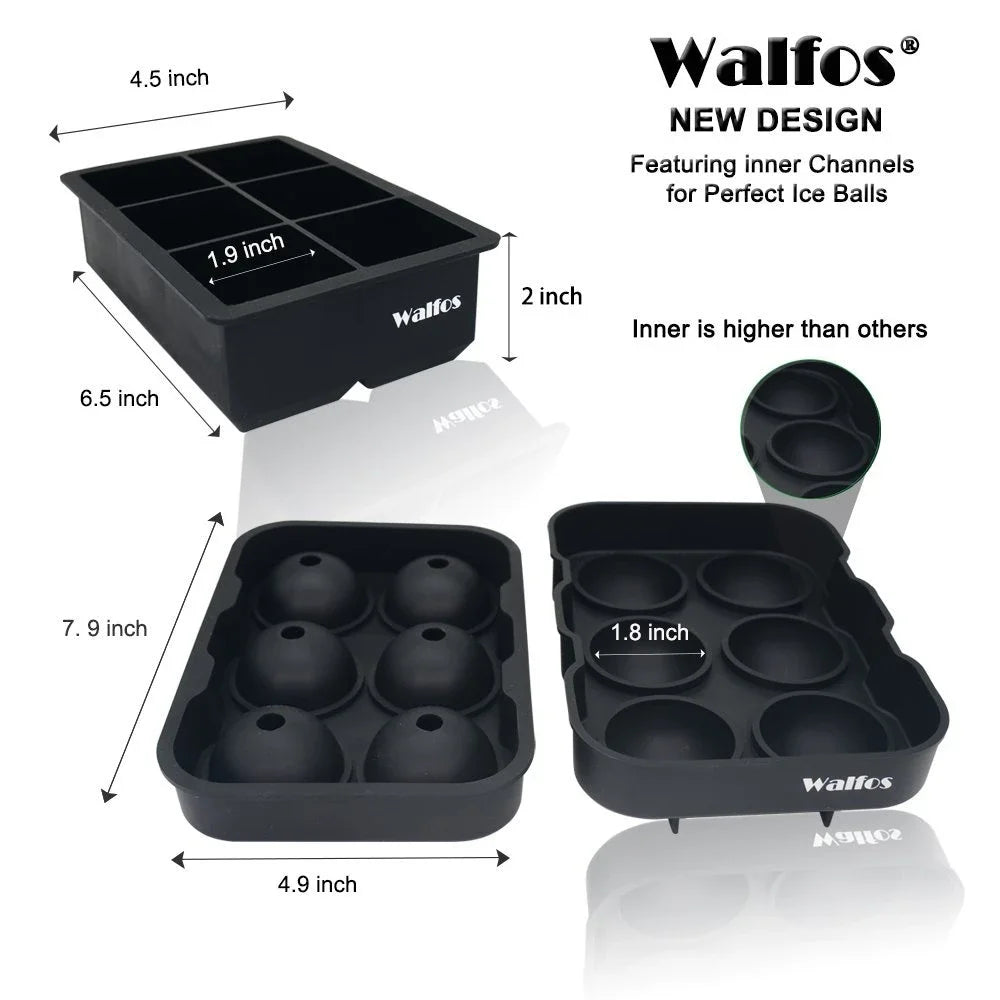 WALFOS Large Size 6 Cell Silicone Ice Ball Mold for Whiskey & Cocktails