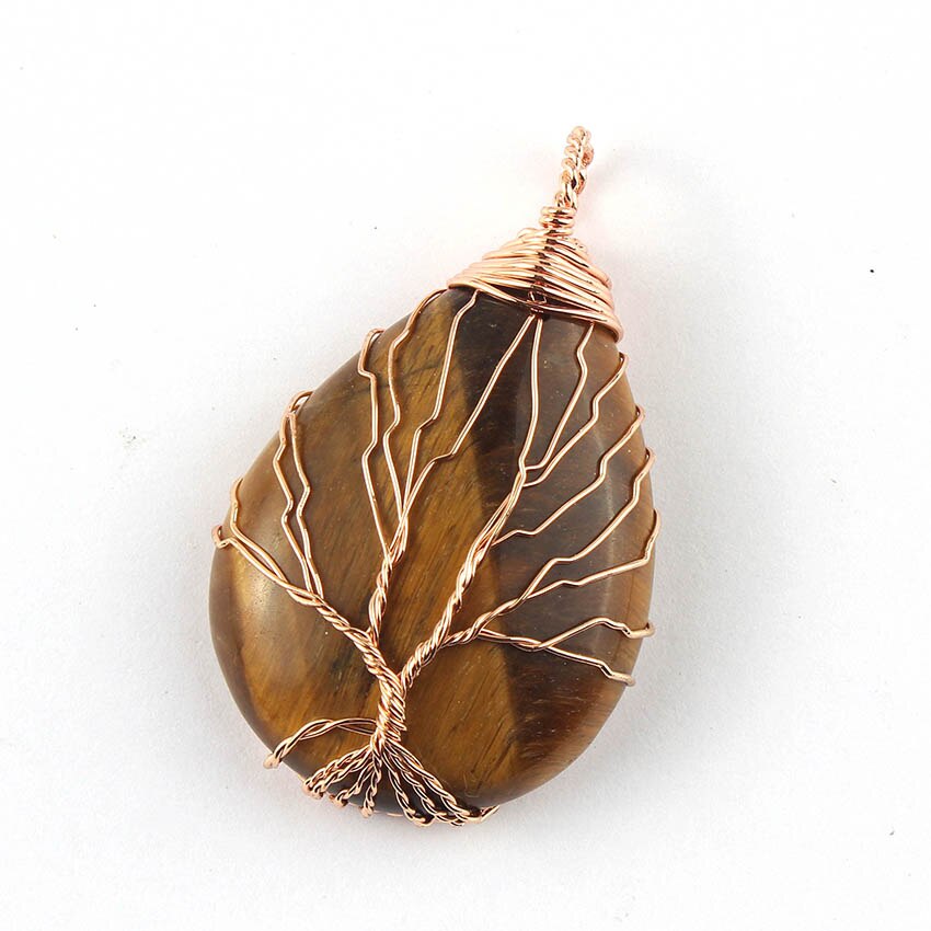 Natural Gnergy Gemstone Rose Gold Wire Wrap Tree of Life Healing Crystal Quartz Pendant Jewelry
