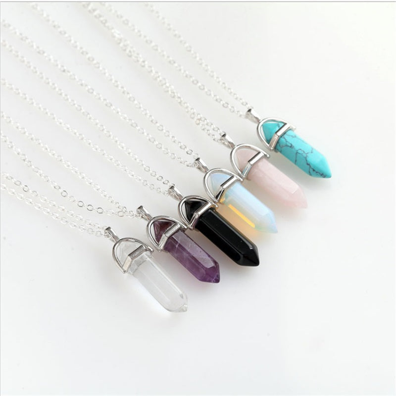 Fashion Hexagonal Column Necklace with Natural Crystal Pendants for Women