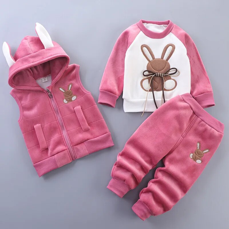 Baby Fleece Cartoon Bear Design, 3 Pieces Warm Clothing Set