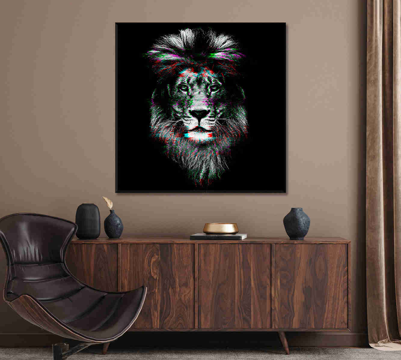 Holographic Glitch Art Lion Canvas Print for Home and Office Decor