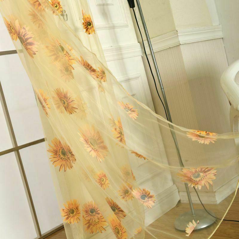2 Panels Sheer-Voile Shade Curtain with Sunflower Pattern for Window and Door