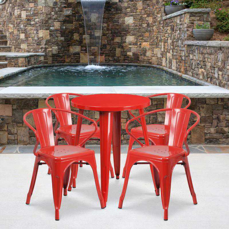 CH-51080TH-4-18ARM Flash Furniture Chauncey Commercial Grade 24 Round Red Metal Indoor-Outdoor Table Set with 4 Arm Chairs
