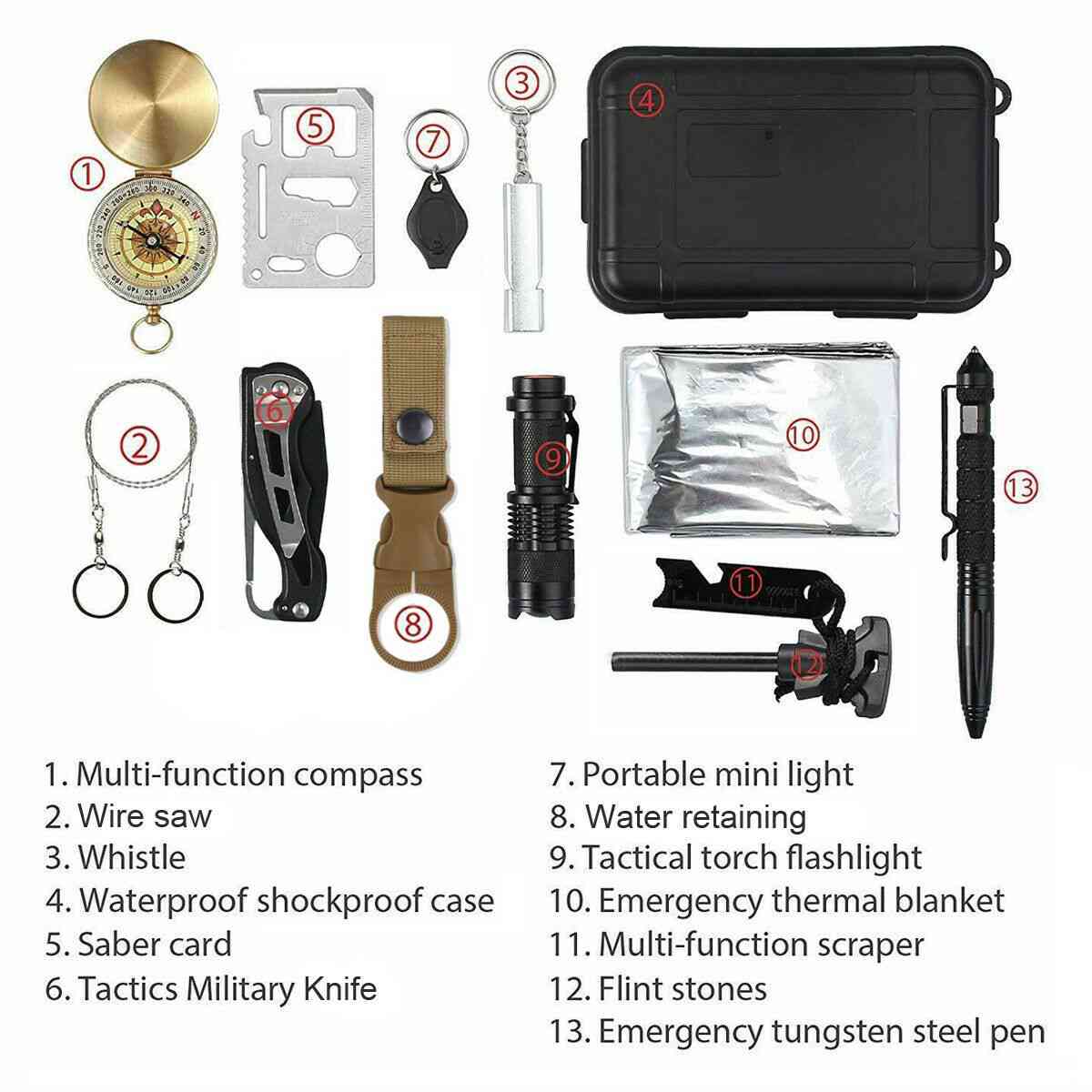 14 in 1 Outdoor Emergency Survival and Safety Gear Kit for Camping & Adventures