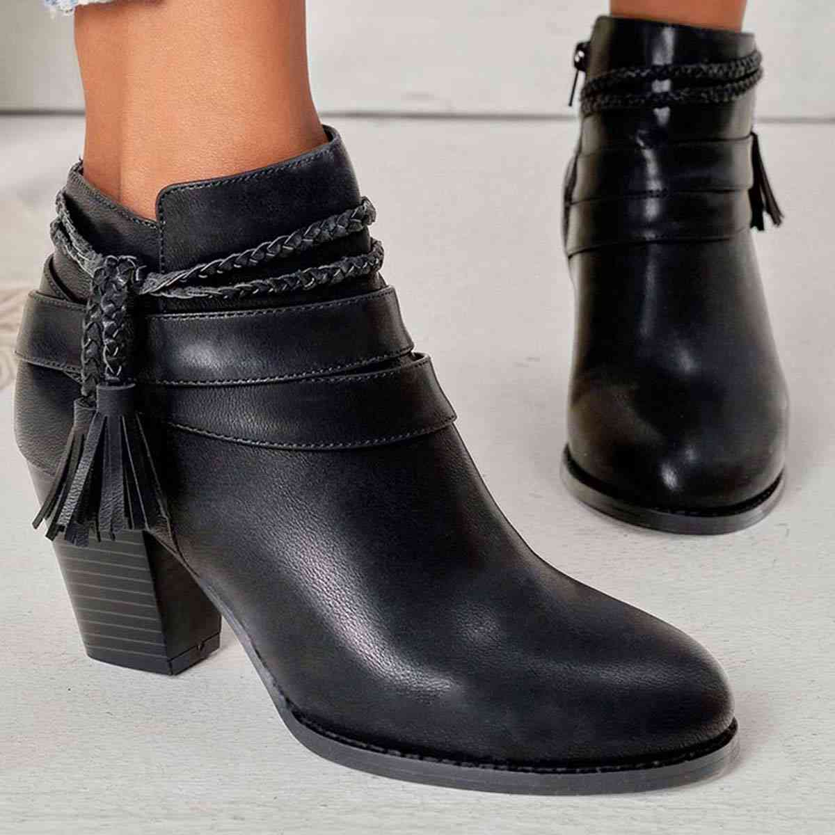 Western Tassel Chunky Block Heel Ankle Boots with Side Zipper