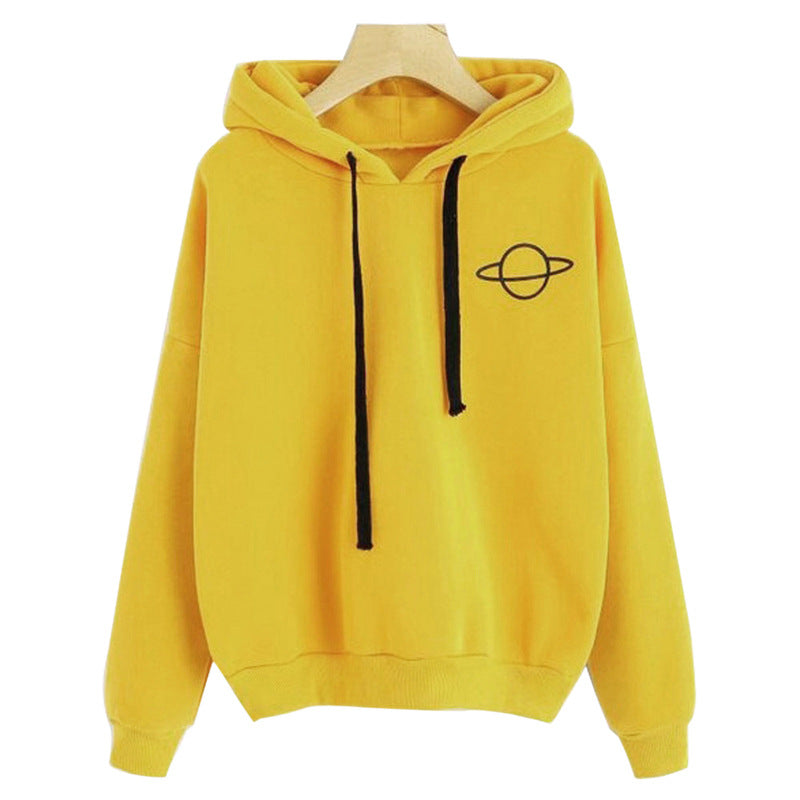 Multicolor Printed Planet Hoodie For Ladies - Loose Fit Fleece Sweater