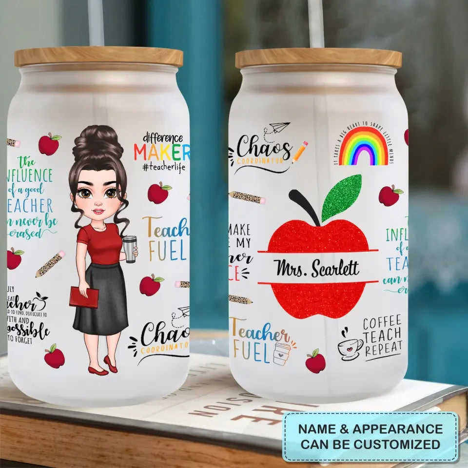 Personalized Custom Glass Can - Teachers Day, Birthday Gift For Teacher - Teach Love Inspire Red Apple Teacher