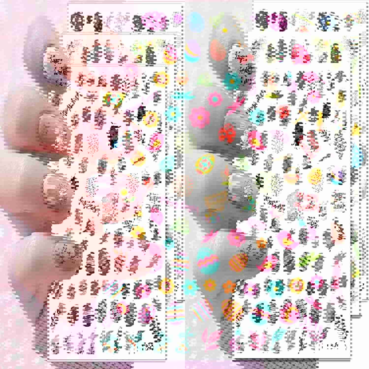 Easter Nail Art Stickers - 6 Sheets with Bunny, Eggs & Flowers Design