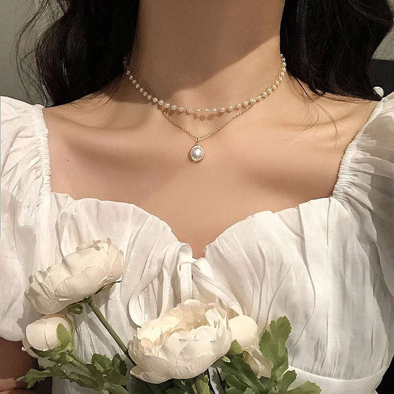 LATS Beads Women's Neck Chain Kpop Pearl Choker Necklace Gold Color Goth Choker Jewelry Pendant Necklace Collar for Girls