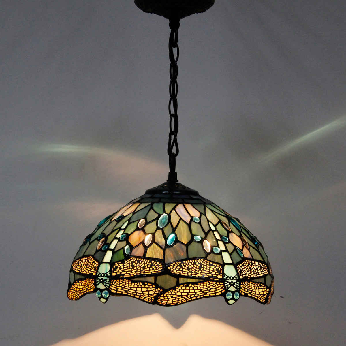 Tiffany Pendant Light Werfactory® 12 Inch Sea Blue Stained Glass Dragonfly Hanging Lamp