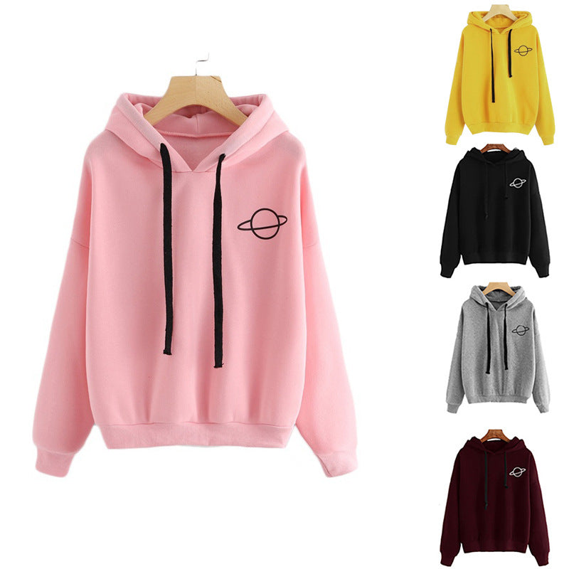 Multicolor Printed Planet Hoodie For Ladies - Loose Fit Fleece Sweater