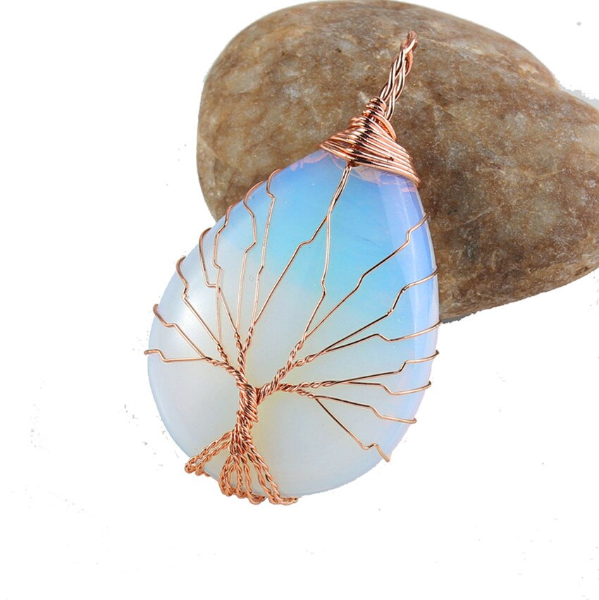 Natural Gnergy Gemstone Rose Gold Wire Wrap Tree of Life Healing Crystal Quartz Pendant Jewelry