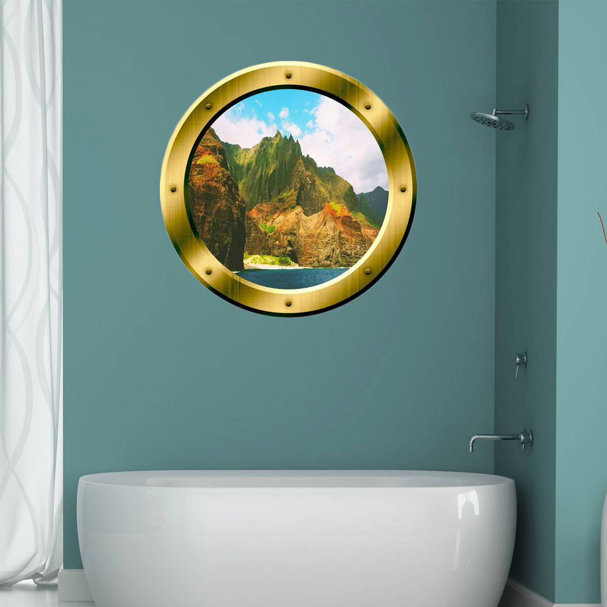 Ocean Mountain View Gold Porthole Peel and Stick Vinyl Wall Decal