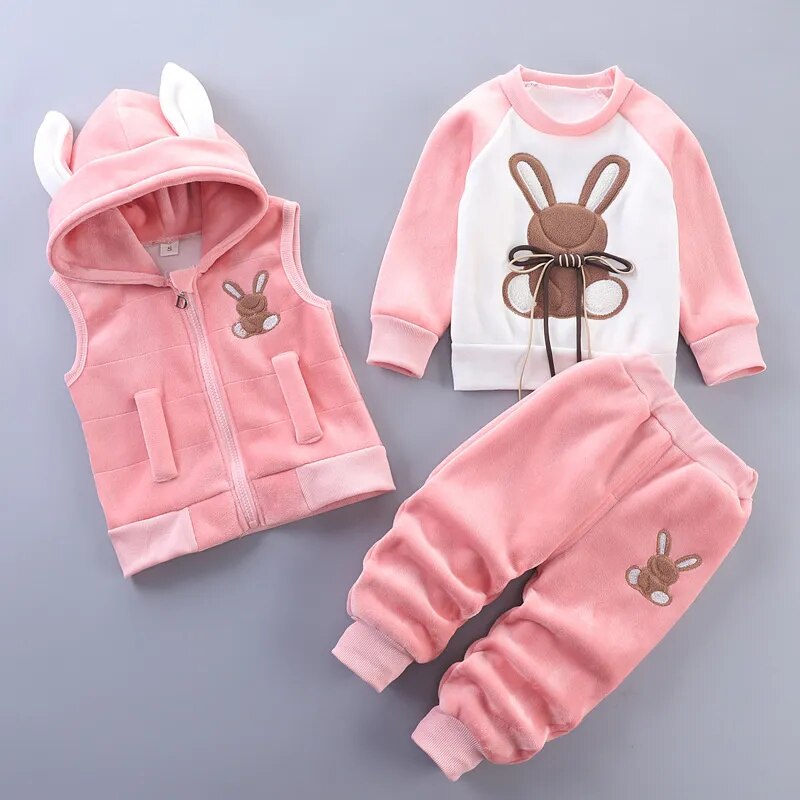 Baby Fleece Cartoon Bear Design, 3 Pieces Warm Clothing Set