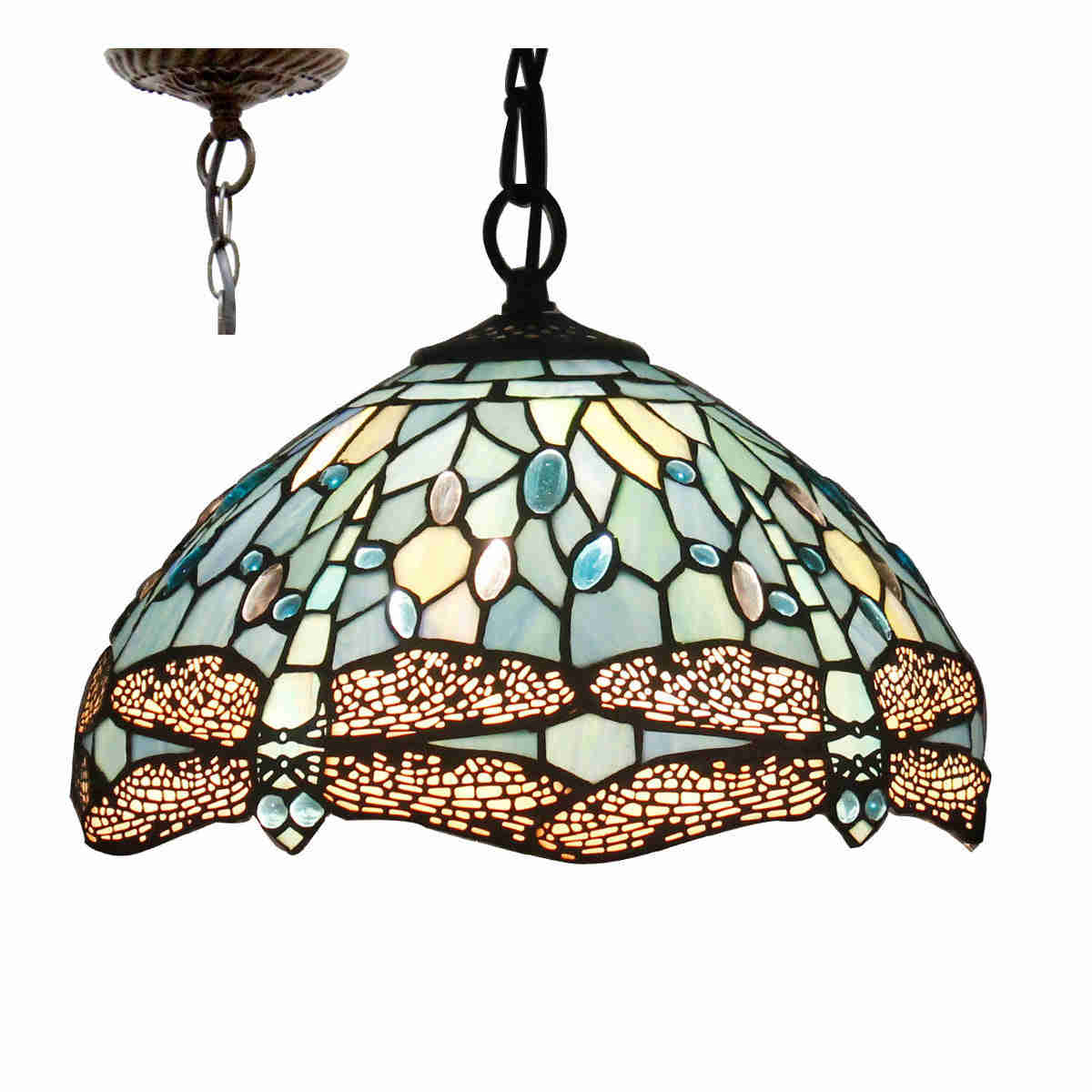 Tiffany Pendant Light Werfactory® 12 Inch Sea Blue Stained Glass Dragonfly Hanging Lamp