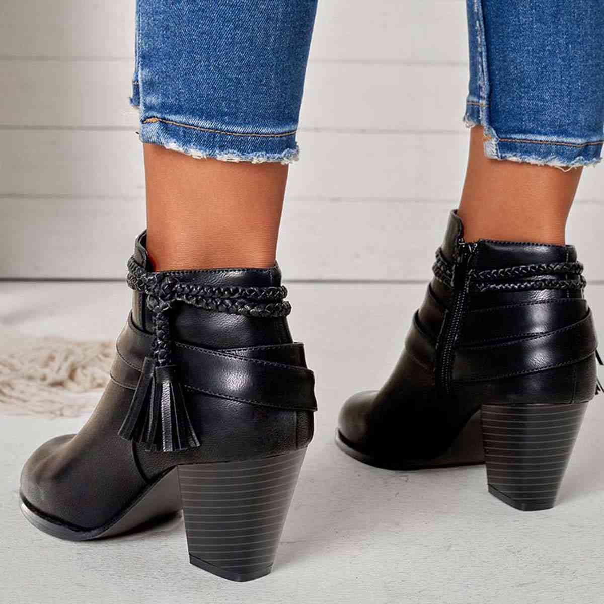Western Tassel Chunky Block Heel Ankle Boots with Side Zipper