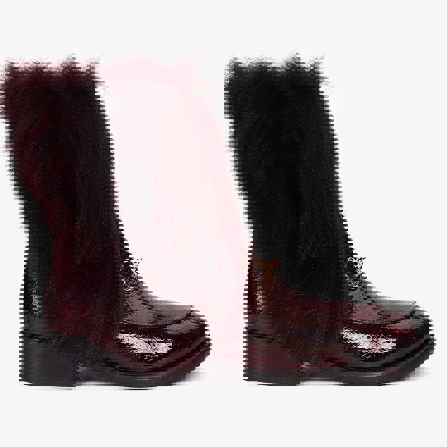 Izmir Burgundy Patent Leather Natural Fur Mid Calf Women Boot
