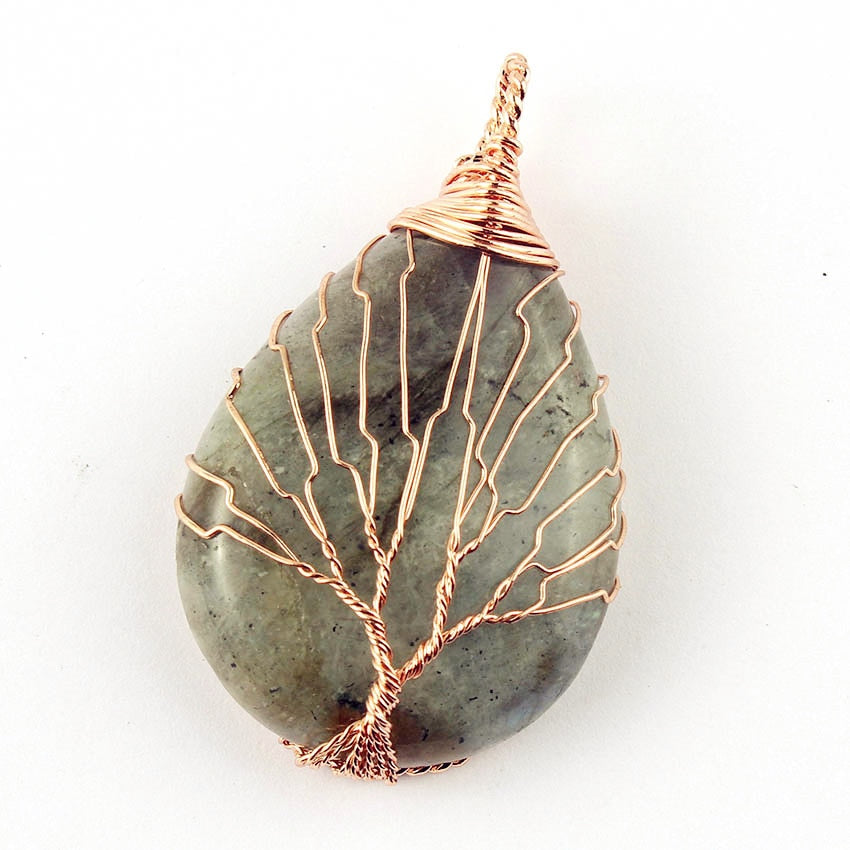 Natural Gnergy Gemstone Rose Gold Wire Wrap Tree of Life Healing Crystal Quartz Pendant Jewelry