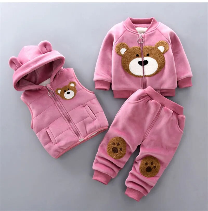 Baby Fleece Cartoon Bear Design, 3 Pieces Warm Clothing Set