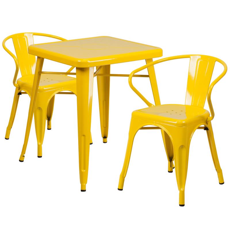 Flash Furniture Owen Commercial Grade 23.75 Square Yellow Metal Indoor-Outdoor Table Set with 2 Arm Chairs