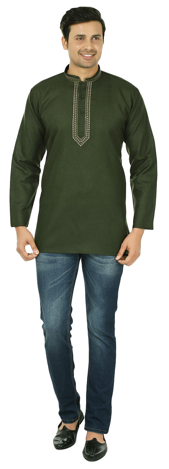 Men's Short Kurta Cotton Dress Shirt - Green (India Clothing)