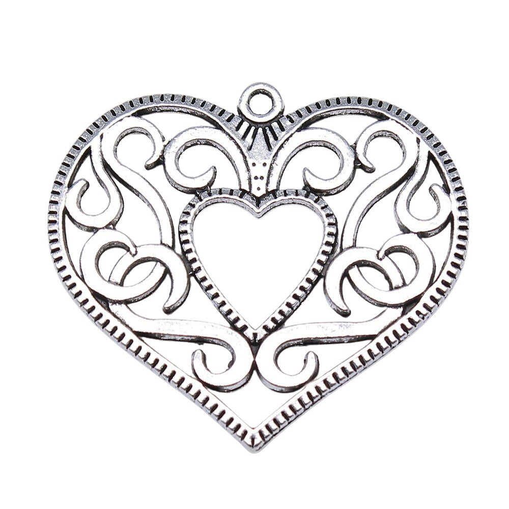 2pcs 50x45mm Hollow Heart Charms Antique Silver Color Pendant Charms for Jewelry Making