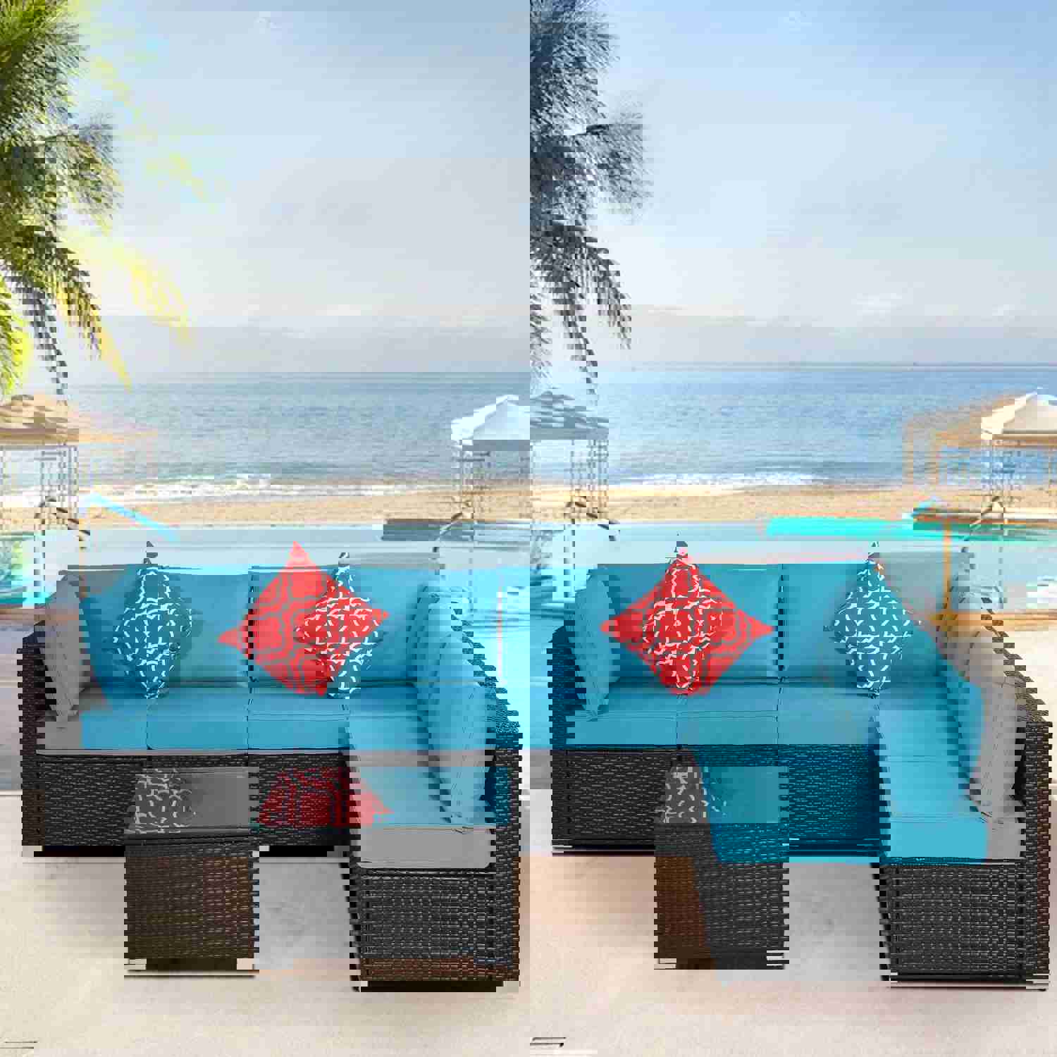 Outdoor Garden Patio Furniture 7-Piece PE Rattan Wicker Cushioned Sofa Sets with 2 Pillows and Coffee Table