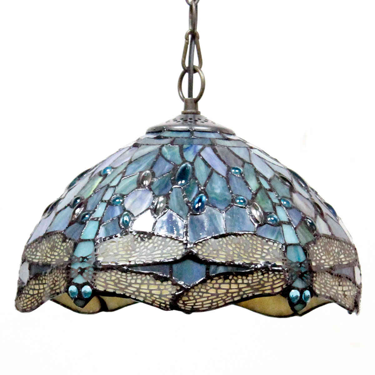 Tiffany Pendant Light Werfactory® 12 Inch Sea Blue Stained Glass Dragonfly Hanging Lamp