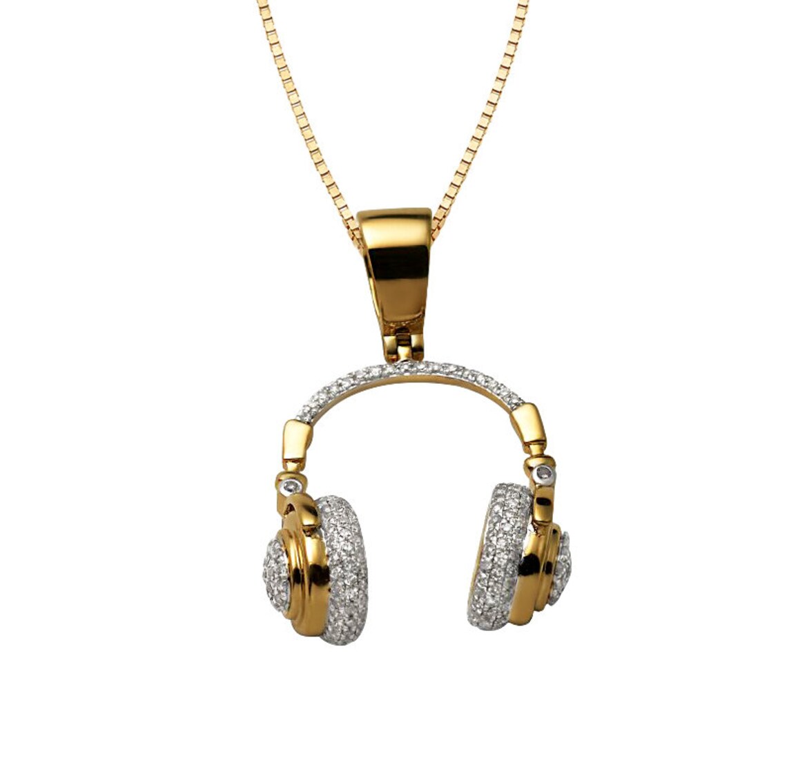 14K Yellow Gold Real Diamond DJ Necklace for Musicians - Minimalist Headphone Pendant