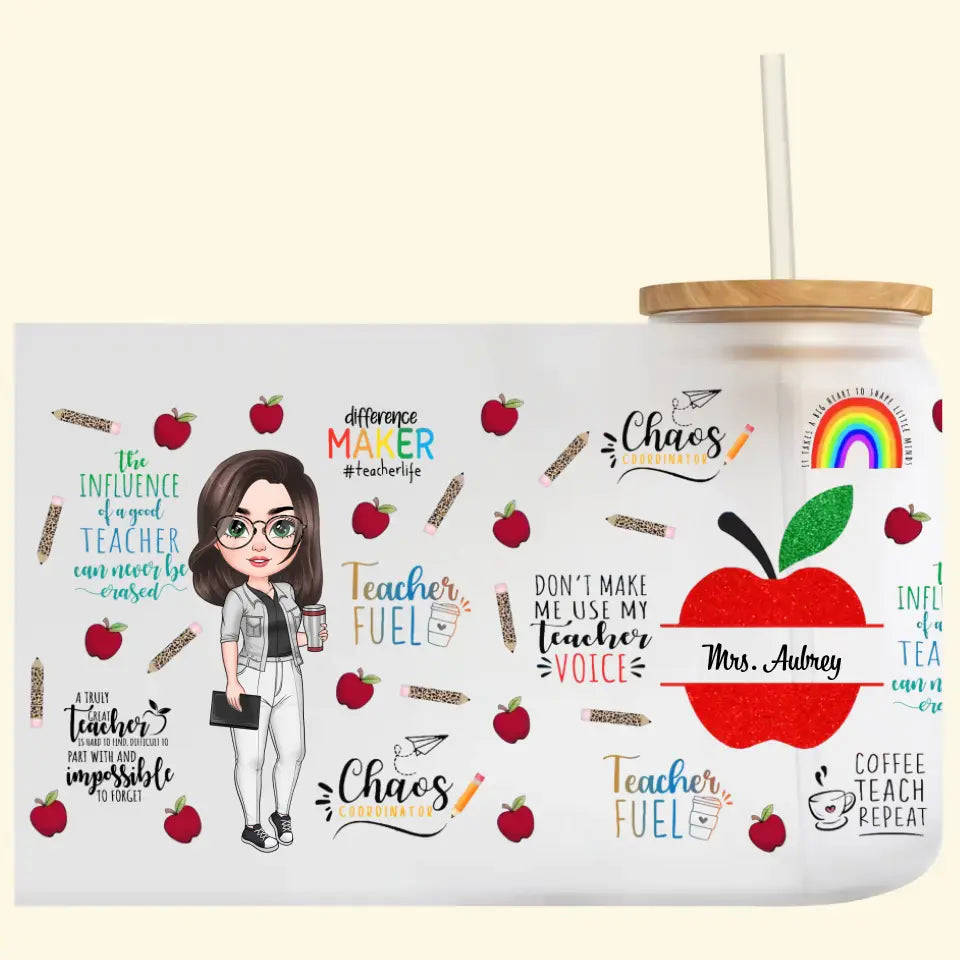 Personalized Custom Glass Can - Teachers Day, Birthday Gift For Teacher - Teach Love Inspire Red Apple Teacher