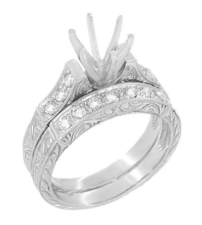 Art Deco Engraved Scrolls 1.25 Carat Diamond Engagement Ring Setting and Wedding Ring in Platinum