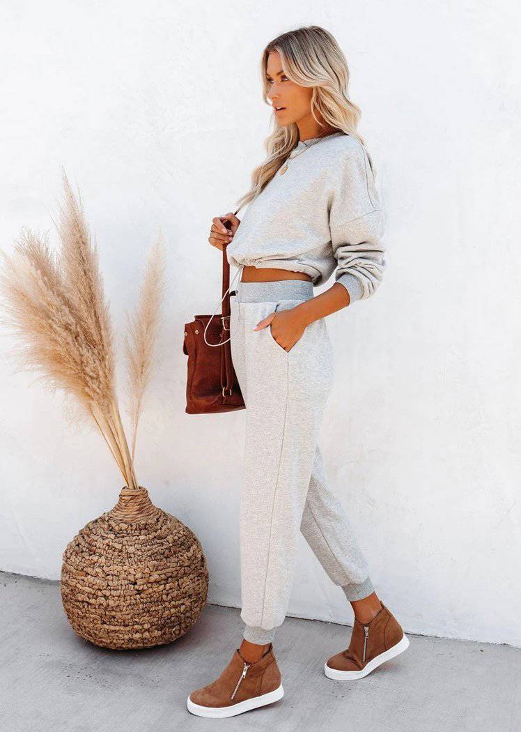 Chicvane Fashion Women's Elastic Waist Long Pants & Long Sleeve Drawstring Crop Top Suit Set