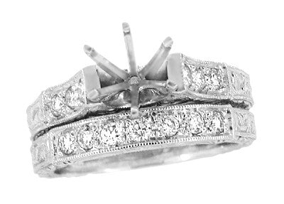 Art Deco Engraved Scrolls 1.25 Carat Diamond Engagement Ring Setting and Wedding Ring in Platinum