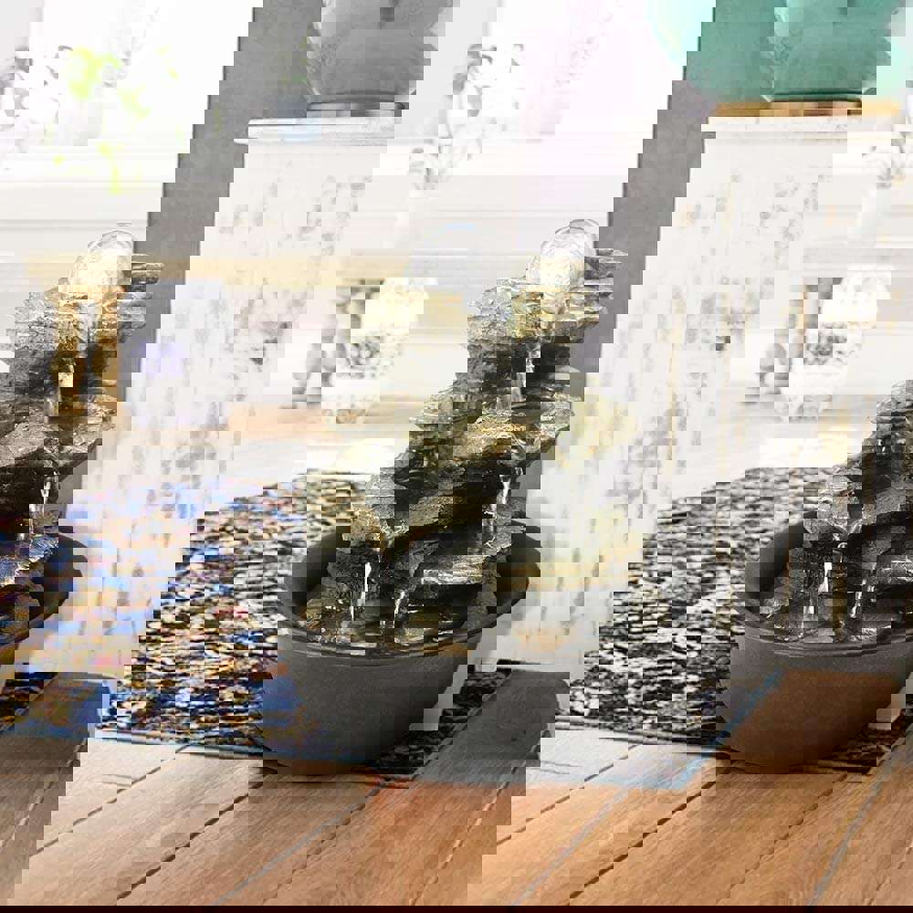 8.3-inch H 4-Tier Cascading Rock Falls Tabletop Water Fountain with Light Grey Polyresin and Lighted Pump