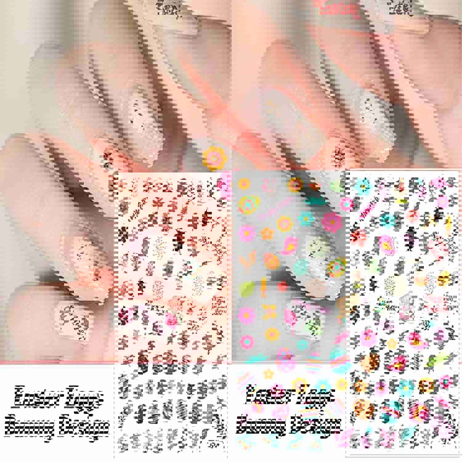 Easter Nail Art Stickers - 6 Sheets with Bunny, Eggs & Flowers Design