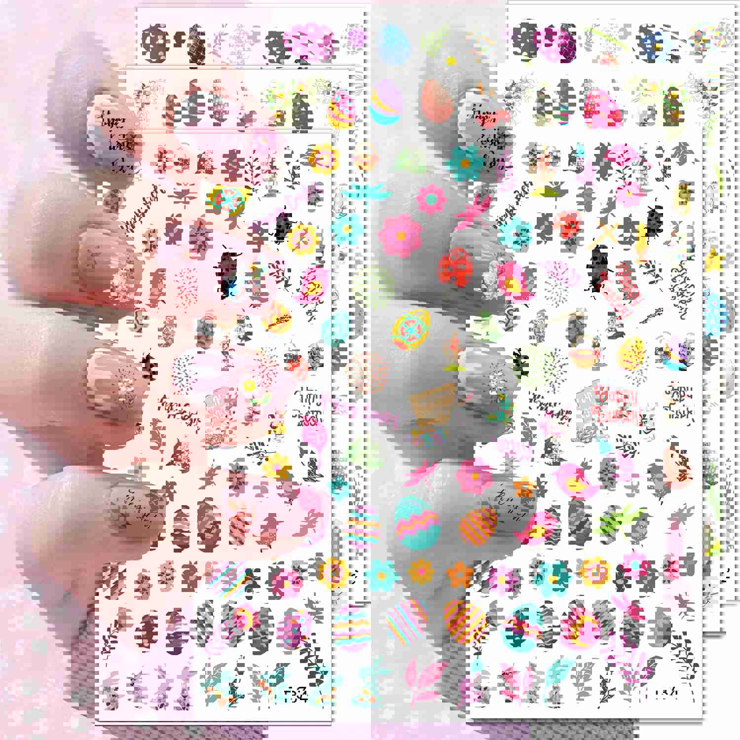 Easter Nail Art Stickers - 6 Sheets with Bunny, Eggs & Flowers Design