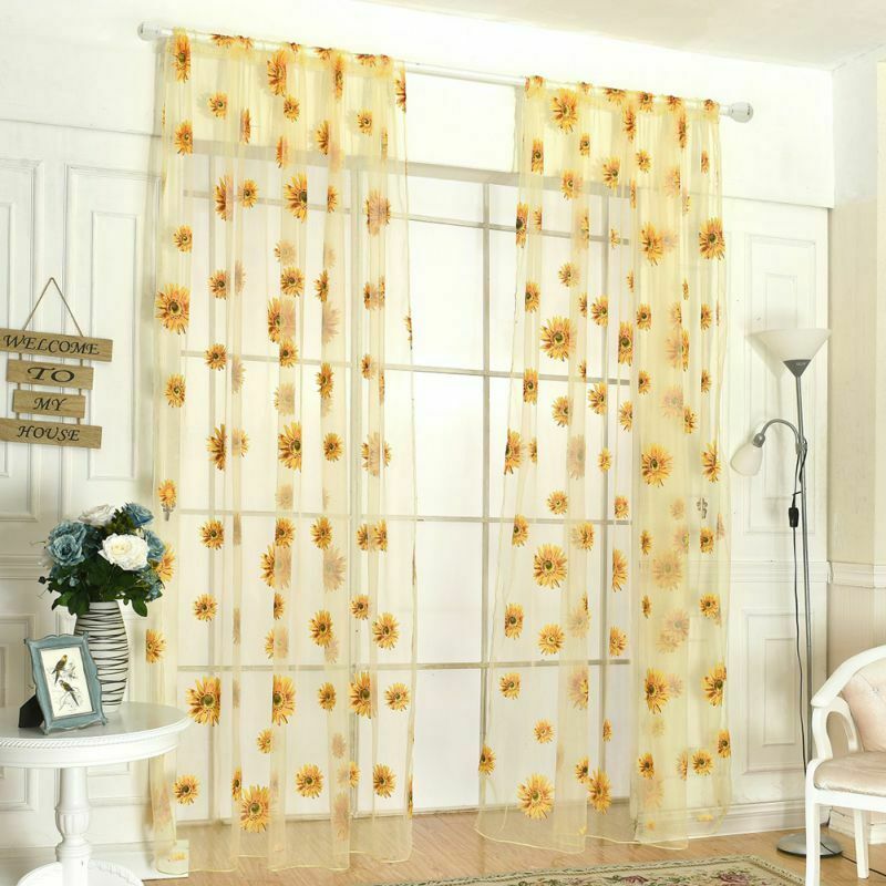 2 Panels Sheer-Voile Shade Curtain with Sunflower Pattern for Window and Door