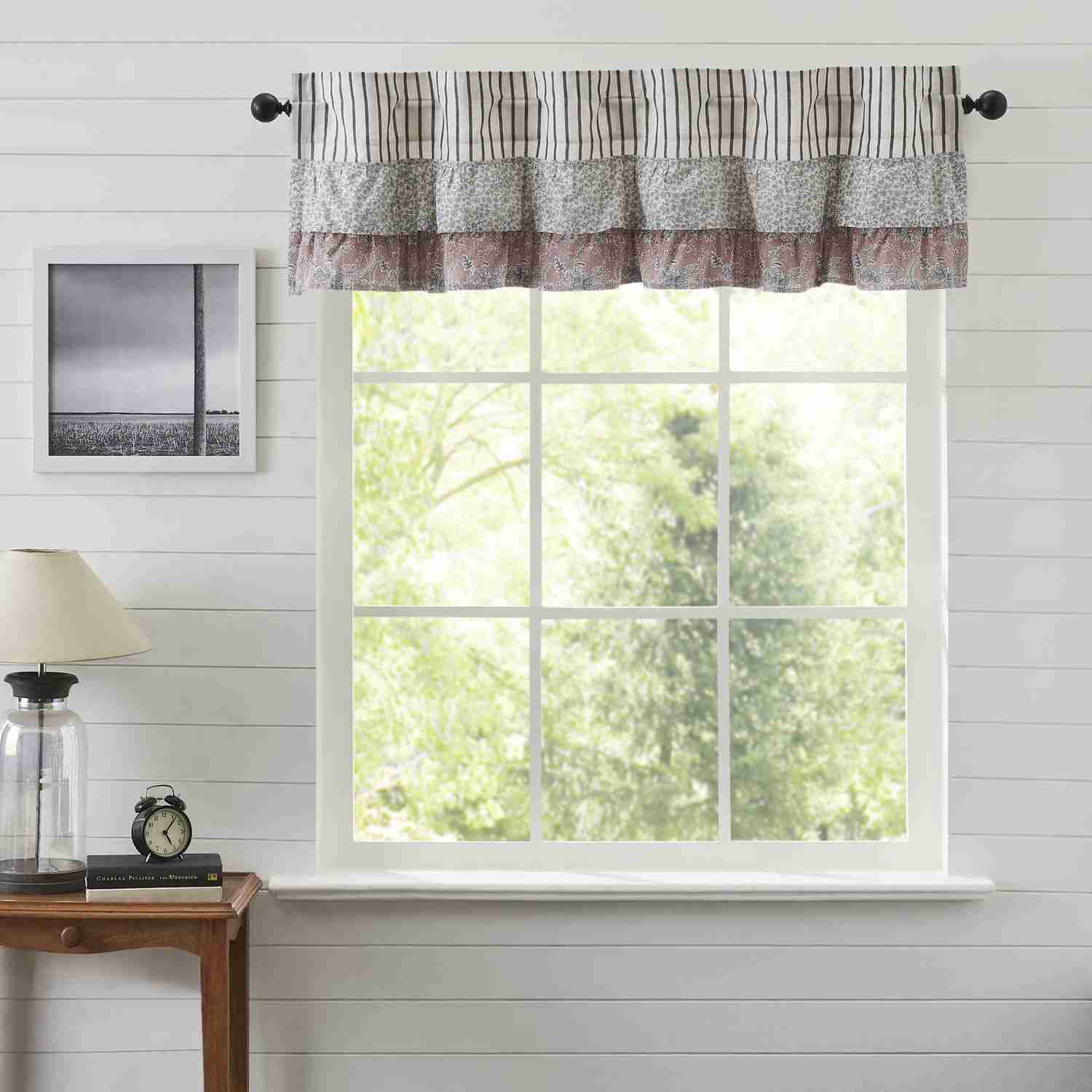 Kaila Ticking Blue Ruffled Valance 16x60 - Vintage Farmhouse Window Decor