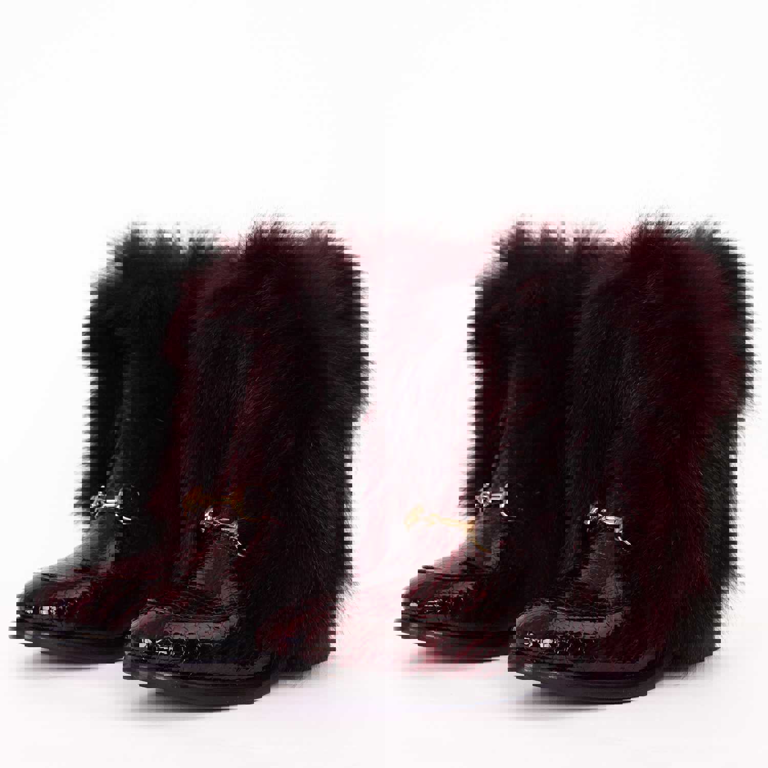 Izmir Burgundy Patent Leather Natural Fur Mid Calf Women Boot