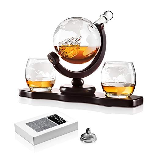 Chefoh Glass Globe Decanter Set with Whiskey Glasses, Reusable Stone Ice Cubes, Cherry Wood Stand, Tongs, and Pour Funnel
